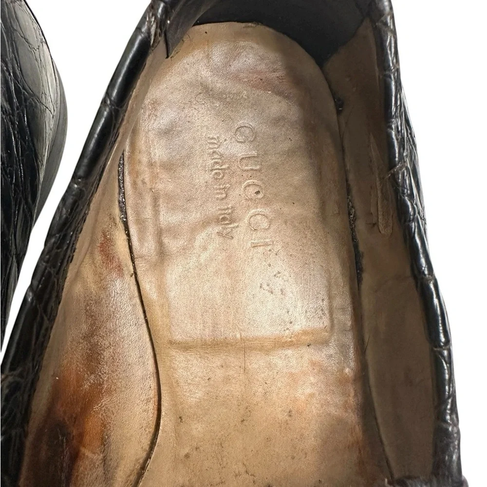 Gucci Black Crocodile Leather Loafers with Silver Detail, size 9